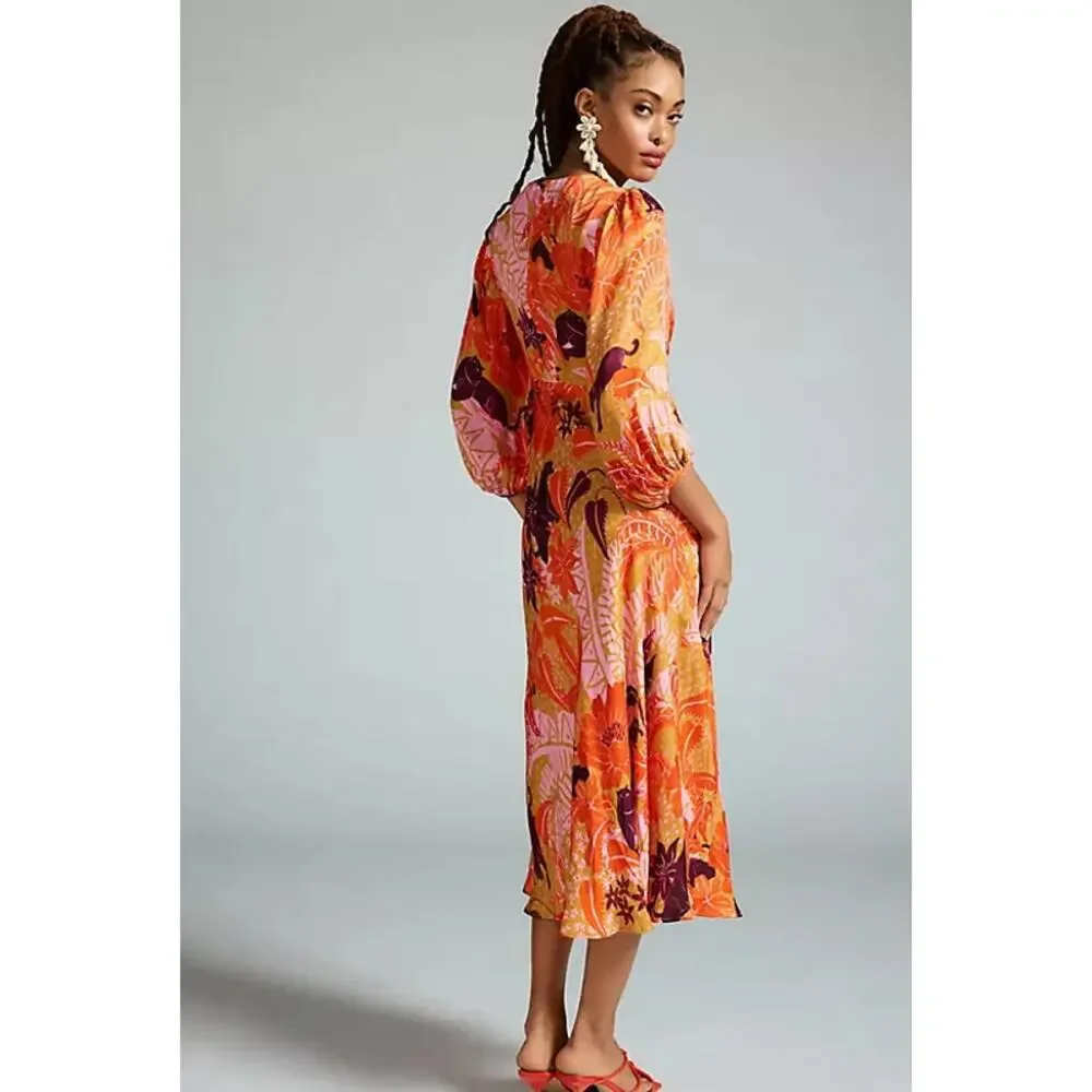 Farm Rio Puff-Sleeve Cutout Slip Maxi Dress Jungle Panther Size Medium - Picture 3 of 10
